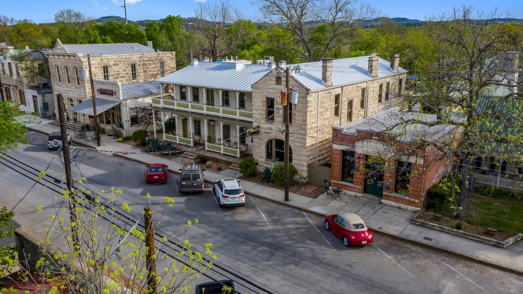 Comfort, TX — historic limestone buildings along Main Street, Texas Hill Country